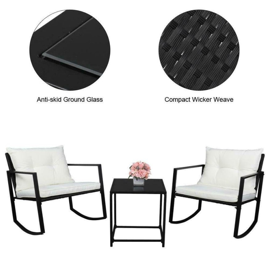 CalmLife™ Patio Set Rattan Wicker Rocking Chair Cushioned Lounge Table Garden Furniture - Bootiq