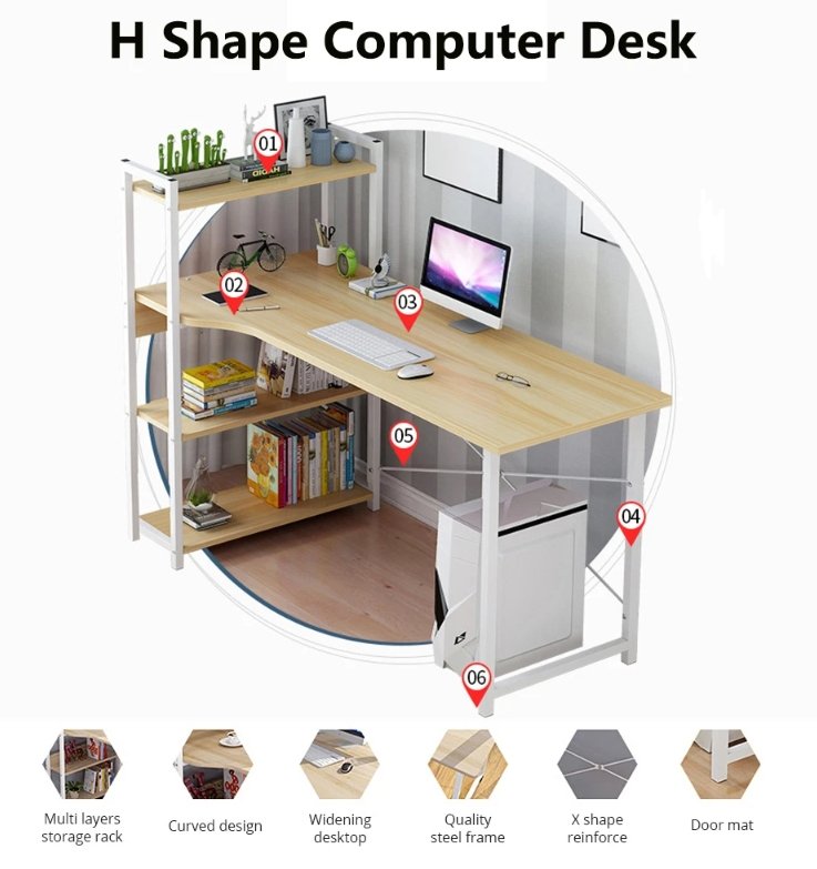 CalmLife™ Computer Desk Laptop H Shape 4 Tiers Bookshelf Home Office - Bootiq