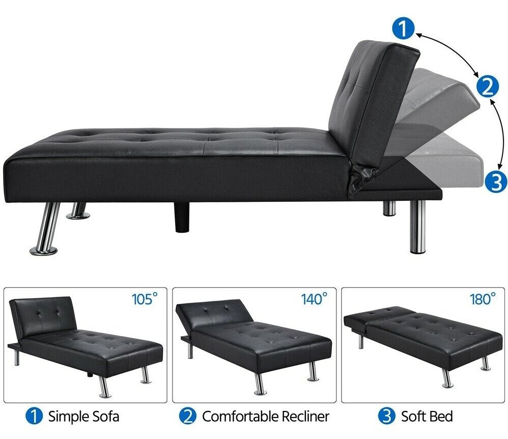 CalmLife™ Modern Faux Leather Futon Sofa Bed Fold Up & Down Recliner Couch with Cup Holder - Bootiq