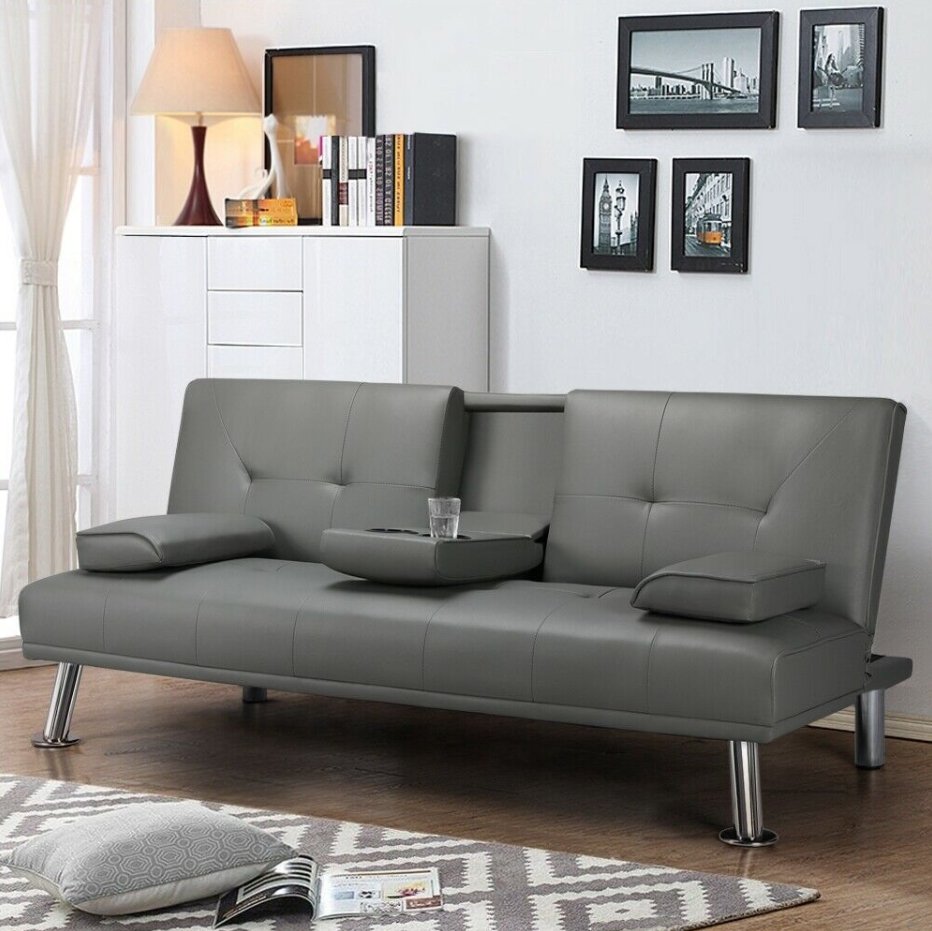CalmLife™ Modern Faux Leather Futon Sofa Bed Fold Up & Down Recliner Couch with Cup Holder
