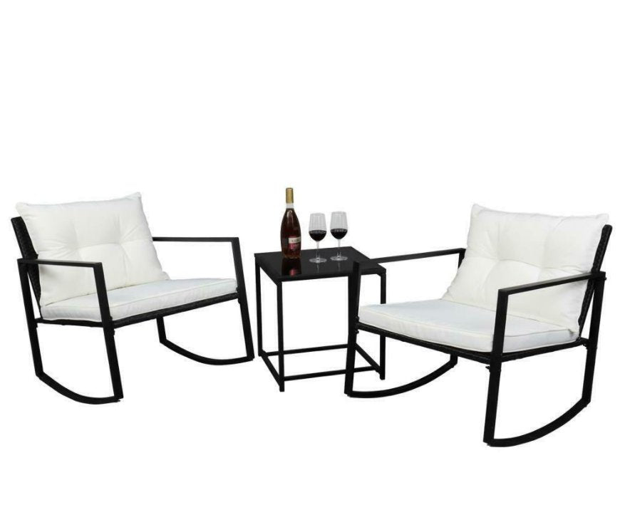 CalmLife™ Patio Set Rattan Wicker Rocking Chair Cushioned Lounge Table Garden Furniture