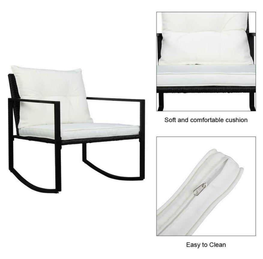 CalmLife™ Patio Set Rattan Wicker Rocking Chair Cushioned Lounge Table Garden Furniture - Bootiq